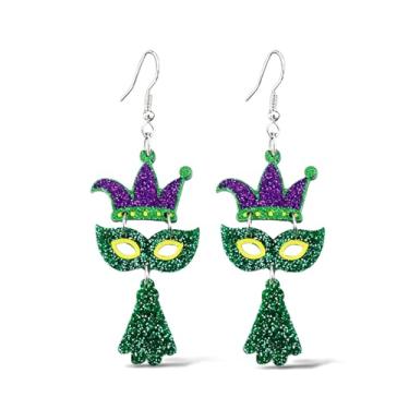 Imagem de Brincos de carnaval, joias femininas com contas para festa de carnaval, acessórios para fantasia festiva, roxo, dourado, verde, flor de lis, pendurado, decoração festiva de férias, Metal, Sem pedra