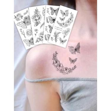 Imagem de 4 peças de tatuagem minimalista de borboleta de flor silvestre de peônia, presente de férias, festa, peito, abdômen, braço, pulso, clavícula, temporária, impermeável, adesivos de tatuagem