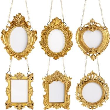 Imagem de Weysat 6 porta-retratos pequenos dourados para pendurar, pequenos porta-retratos barrocos vintage, resina antiga, oval retangular, enfeite para pendurar, corrente para decoração de Natal e casamento