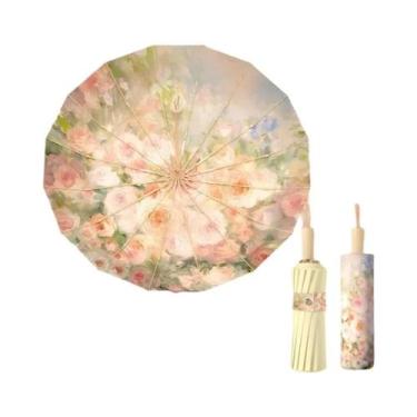 Imagem de Guarda-chuva Feminino Dobrável Com Proteção UV, Pintura a Óleo De Flor