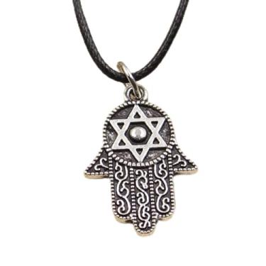 Imagem de EDCRFV Colar de mão com pingente de prata tibetano cordão de couro preto feito à mão