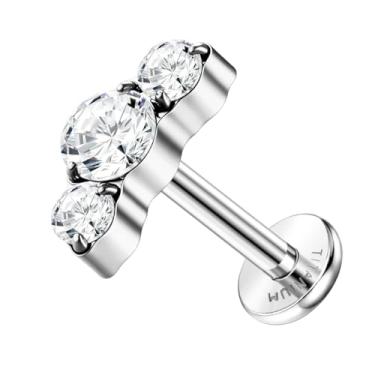 Imagem de ZELORES Brincos de cartilagem de titânio G23 com costas planas de 16 G para mulheres, piercing de tragus, roscado internamente, com costas planas, labret helix, concha, piercing, Titânio, Zircônia