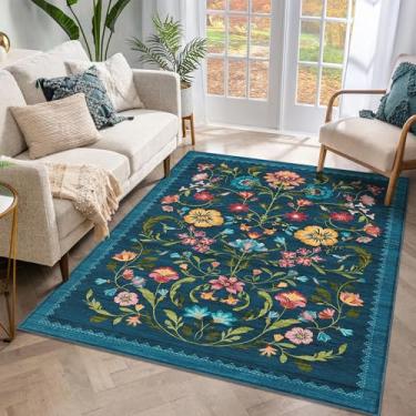 Imagem de Tapete lavável 7,5 x 12,5 cm para sala de estar, tapete floral para quarto, macio boho antiderrapante com parte traseira de borracha, tapete floral vintage resistente a manchas de pilha baixa para