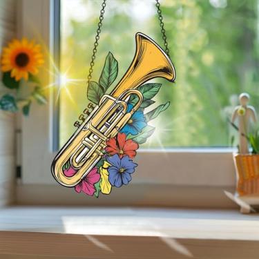 Imagem de Apanhador solar de acrílico colorido, apanhador de sol estilo vitral impresso em instrumento musical com reflexos de arco-íris, arte de parede para decoração de janela suspensa, ornamentos de