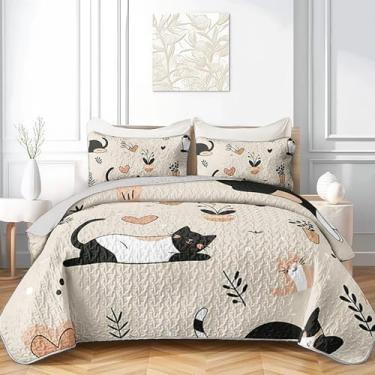 Imagem de AILONEN Conjunto de colcha de gato fofo, tamanho casal, 3 peças, colcha de cama kawaii, bege, animal de estimação, para decoração de quarto de meninas e mulheres, 1 colcha e 2 fronhas