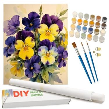 Imagem de Kit de pintura floral por números para adultos – Pintura de amores-perfeitos roxos e amarelos DIY em tela enrolada 40 x 50 cm, conjunto de tinta acrílica, adequado para iniciantes, arte para decoração