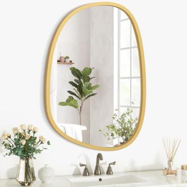 Imagem de Espelho irregular para decoração de parede dourado moderno assimétrico pequeno espelho de parede emoldurado de madeira espelho de parede exclusivo espelho oval decorativo para quarto, banheiro