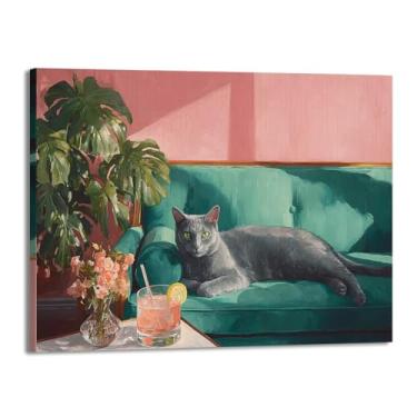 Imagem de Gato preto com Martini impressão de arte fofo gato peculiar coquetel bar decoração moderna casa cozinha arte de parede pintura em tela pôster estética (SKU 9,16x20 polegadas = (40 x 50 cm), emoldurado