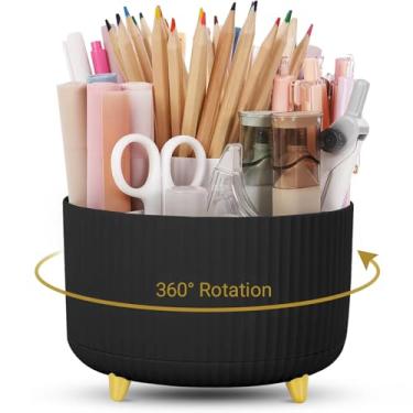 Imagem de KONVINIT Porta-lápis para mesa, 5 compartimentos, organizador de mesa giratório de 360 graus, lindos organizadores de mesa e acessórios para escola, casa, escritório e material de arte, preto