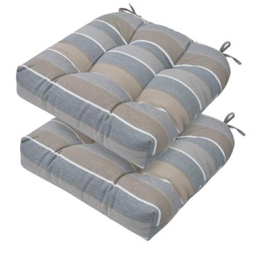 Imagem de FUNHOME Conjunto de 2 almofadas para cadeira de ambiente externo à prova d'água para móveis de pátio 48 x 48 x 12 cm almofada de pátio para balanço, acampamento, cadeiras de cozinha - listras cinza