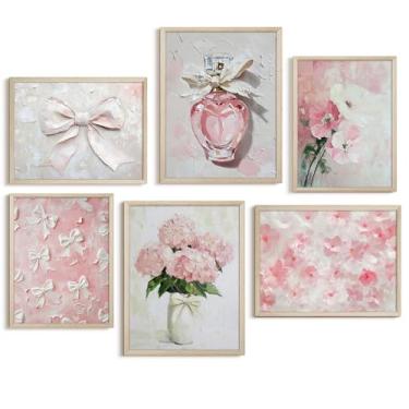 Imagem de Arte de parede de berçário rosa impressões em tela com laço floral decoração de parede para quarto de meninas fotos de flores rosa pôster estético vintage para berçário de bebê pintura de arte para