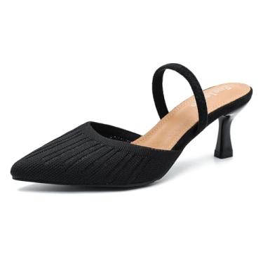 Imagem de Enelauge Sapato feminino de malha com salto baixo gatinho com tira elástica no tornozelo, bico fechado, slingback confortável, vestido de casamento, Preto, 38