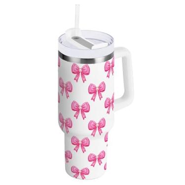 Imagem de SEHANY Copo fofo com laço rosa de 1,134 g com alça, copo isolado de aço inoxidável a vácuo de parede dupla, à prova de vazamento, caneca de café isolada para viagem cabe no suporte de copo de carro