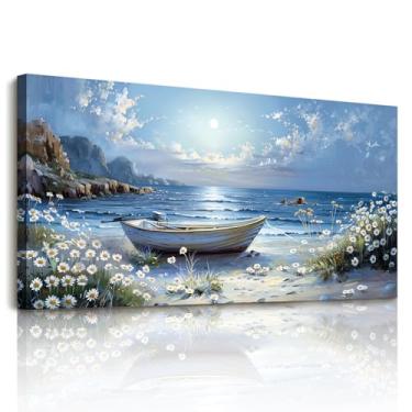 Imagem de SERIMINO Arte de parede de praia, decoração de parede grande, arte de parede de barco, impressões de paisagem do oceano azul, imagens de margaridas silvestres à beira-mar para sala de estar quarto