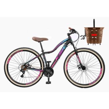 Imagem de Bike Feminina Aro 29 KSW MWZA Retrô 21v Shimano Com Cesta, Preto, Rosa