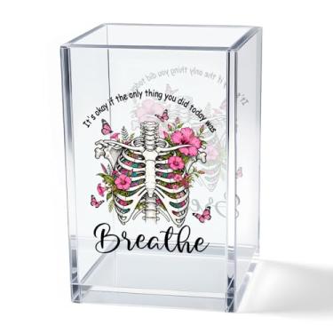 Imagem de Vgrti It's Okay Only Breathe Copo de acrílico para caneta lápis, acessórios organizadores de mesa esqueleto para escritório, presentes inspiradores para mulheres, meninas, colegas de trabalho
