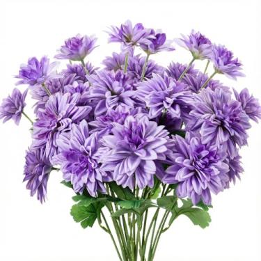 Imagem de Maysing 6 peças de flores artificiais de dália 42 cm, 3 cabeças, dálias falsas grandes com caules, marfim de aparência real para buquês de casamento, decoração de casa (roxo claro)