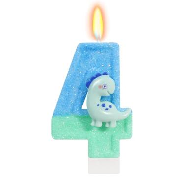 Imagem de ElekFX Vela de aniversário número 4 de dinossauro, lindo topo de bolo de dinossauro verde, decorações de aniversário de dinossauro para artigos de festa infantil