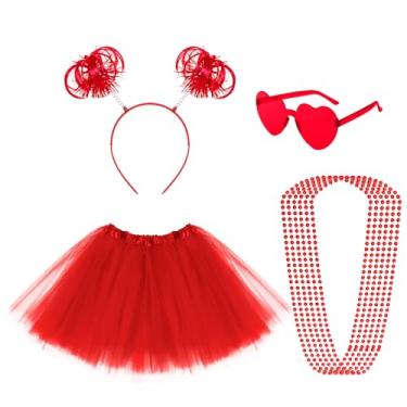 Imagem de Fumwase Conjunto de acessórios de fantasia de tutus para adultos, faixa de cabeça, saias de tule, coração, óculos de sol, colares de contas para Halloween, Vermelho, One Size