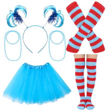 Imagem de JATEBI 6 peças de acessórios de fantasia de tutu femininos incluem saia tutu de tule, luvas listradas azuis e vermelhas, meias de pompom azul, faixa de cabeça com contas, saia azul