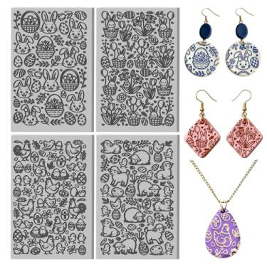 Imagem de CHGCRAFT 4 folhas de tapete de textura de argila de coelho da Páscoa, padrão de cesta de Páscoa, folhas de textura de argila de polímero, ferramentas DIY para brincos de cerâmica, máquinas de gravação