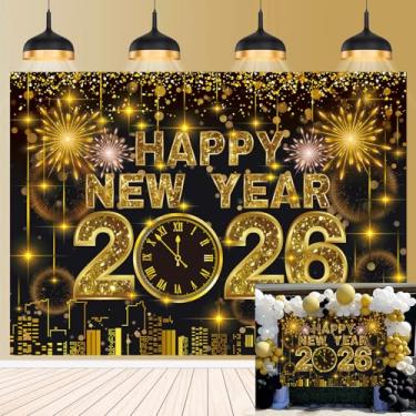 Imagem de Banner de fundo de Feliz Ano Novo 2026, 1,8 x 1,5 m, preto e dourado, fogos de artifício de Ano Novo, fundo fotográfico para decorações NYE 2026, artigos de festa de Ano Novo