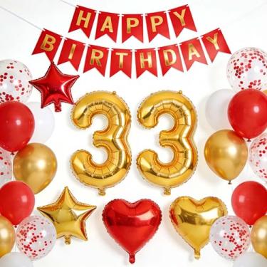Imagem de Decorações de aniversário de 33 anos para homens e mulheres, números gigantes de ouro vermelho, 33, balões de látex, decoração de balões de látex, artigos de festa de 33 anos para ele, festa de 33