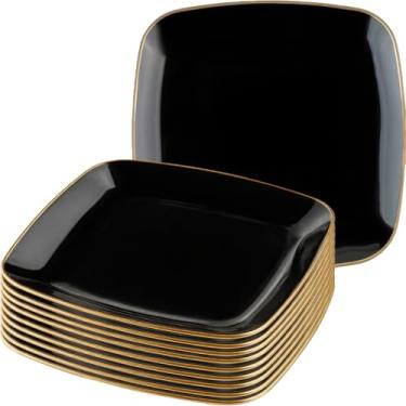Imagem de Blue Sky Pratos descartáveis pretos orgânicos quadrados de 15,24 cm (10 unidades) | Louça de plástico com borda dourada essencial para festa