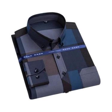 Imagem de Camisa Slim Fit Sem Amassar Em Estampa Xadrez Para Homens, Manga Longa