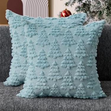 Imagem de Allorry Capas de almofada de Natal 45,7 x 45,7 cm, conjunto de 2 capas de almofada de árvore de Natal azul para decoração de sofá de inverno de pele sintética para decoração de sofá de casa e quarto