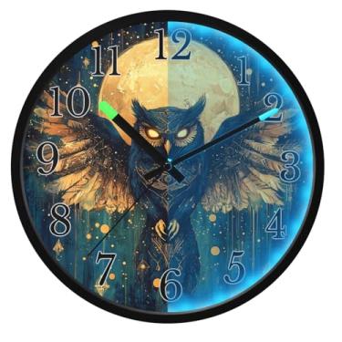 Imagem de ALAZA Relógio de parede com coruja lua, mariposa, lua, brilhante, escuro, operado por bateria, silencioso, 30,5 cm, sem tique-taque, luz noturna para quarto