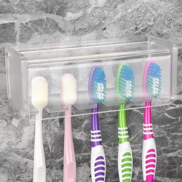 Imagem de Suporte de escova de dentes de parede com 5 compartimentos com capa, organizador de armazenamento de escova de dentes autoadesivo para chuveiro, cabide de escova de dentes para banheiro, armário de