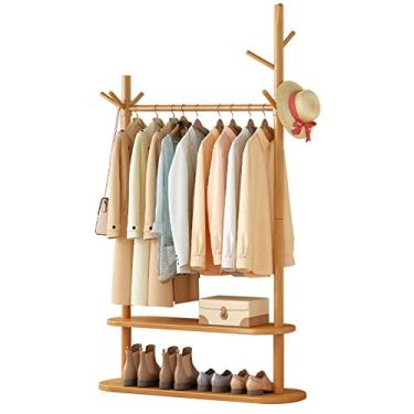 Imagem de Cabide de dois andares, árvore moderna com banco de armazenamento para entrada, árvore de madeira com prateleira e gancho para pendurar, cabide vertical