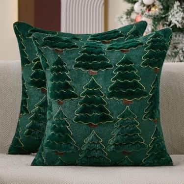 Imagem de Allorry Capas de almofada de Natal 50 x 50 conjunto de 2 capas de almofada bordadas de árvore de Natal verde borda amarela capa de almofada macia de pele sintética para decoração de inverno, Natal