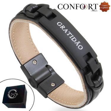 Imagem de Pulseira Couro Preto Bege All Black Magnética com Imã Gratidão-Unissex