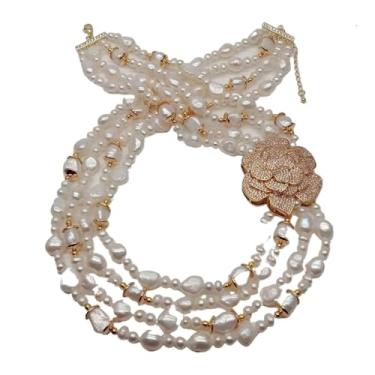 Imagem de DWBPGVUN Colar gargantilha com 4 fios, branco, barroco, pérola de água doce, zircônia cúbica, flor pavimentada, 19
