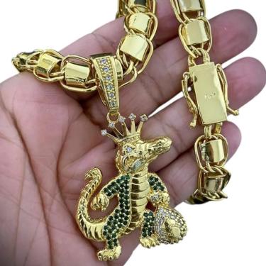 Imagem de Cordão 10Mm Dubai + Pingente Jacaré Rei - Banhado A Ouro
