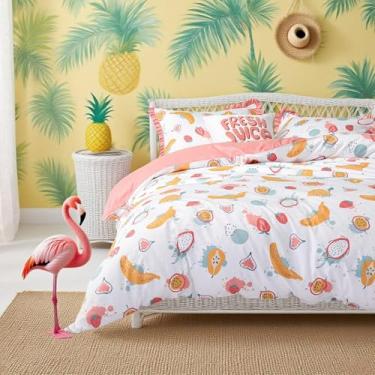 Imagem de Simple&Opulence Capa de edredom 100% algodão orgânico para crianças e adolescentes, capa de edredom macia de 4 peças com fecho de zíper, jogo de cama Kawaii para meninas com estampa de frutas coloridas, casal/rainha