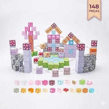 Imagem de Blocos Magnéticos Pricesas148 Peças De Construção Criativa Infantil Brinquedo Educativo De Montar Magnético Brinquedos Sensorial e Lúdico (ROSA) Pricesas