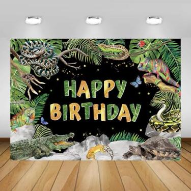 Imagem de AIBIIN 2,1 x 1,5 m com tema de réptil, pano de fundo, feliz aniversário, cobra, lagarto, selva, animal selvagem, fotografia de fundo para decoração de festa infantil, tema de selva, réptil, artigos de
