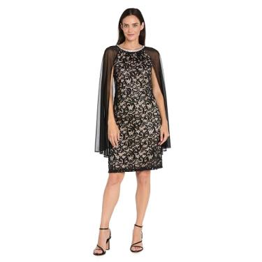 Imagem de R&M Richards Vestido feminino de renda de lantejoulas na altura do joelho com acabamento em strass e capelet de chiffon - roupa elástica para coquetéis e noite, Preto/Nude, 50