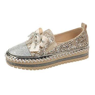 Imagem de SUGURETA Tênis feminino moderno de strass sem cadarço, casual, confortável, plataforma, tênis de caminhada, lindo laço com glitter, loafers brilhantes, B - ouro, 37