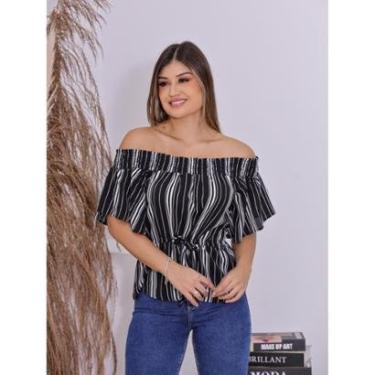 Imagem de Blusa Feminina Ombro a Ombro Com Amarração Na Cintura Listrada Para Eventos Casuais e Sociais-Feminino