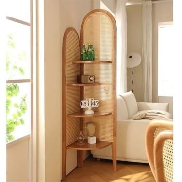 Imagem de Estante de canto de 4 camadas - Unidade de exibição de vime de madeira e resina em forma de ventilador que economiza espaço, rack de armazenamento de canto alto para decoração de casa, organizador de