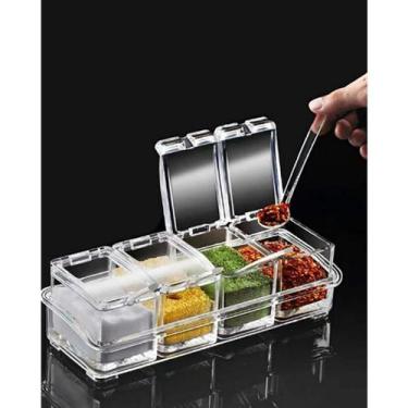 Imagem de Caixa de tempero transparente com colher, 4 Potes, organizador de cozi