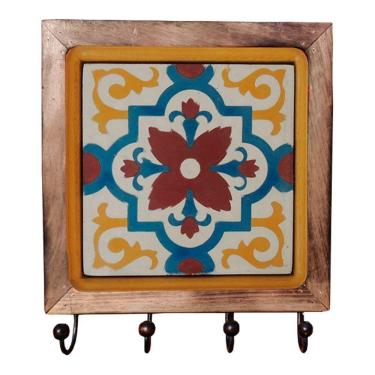 Imagem de Cabideiro Em Madeira Com Ladrilho Hidráulico Porta Chaves Roupas Bolsas Ladrilho A1