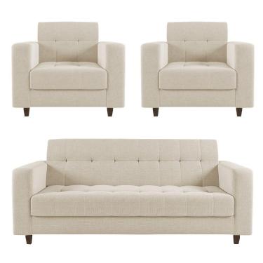 Imagem de Kit 01 Sofá 3 Lugares E 02 Poltronas Arezzo Linho Pés Chanfrado Tabaco - D'rossi Cor A19 Bege