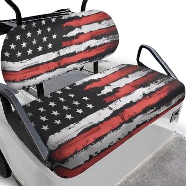 Imagem de Liuqpwys Capa de assento de carrinho de golfe com bandeira americana preta, 2 peças, ajuste universal, acessórios de carro, decoração de assento de carrinho de golfe, moderna, adequada para todos os