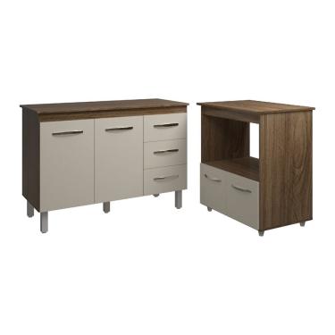 Imagem de Balcão Armário Gabinete Bruna 118 cm Savana Off White com Tampo Savana e Balcão Amanda Forno Microondas Savana Off White