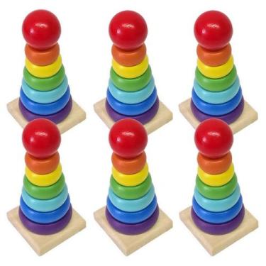 Imagem de Torre Arco-íris Infantil 7 Peças Brinquedo Educativo De Madeira Formas